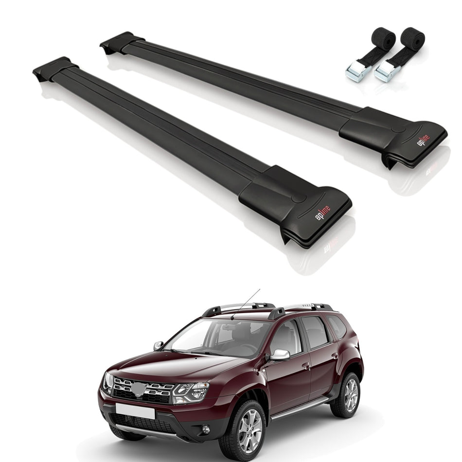 Roof Bars Compatible with Dacia Duster (HS) Post-Facelift 2014-2017, Black, 2 Bars with Straps