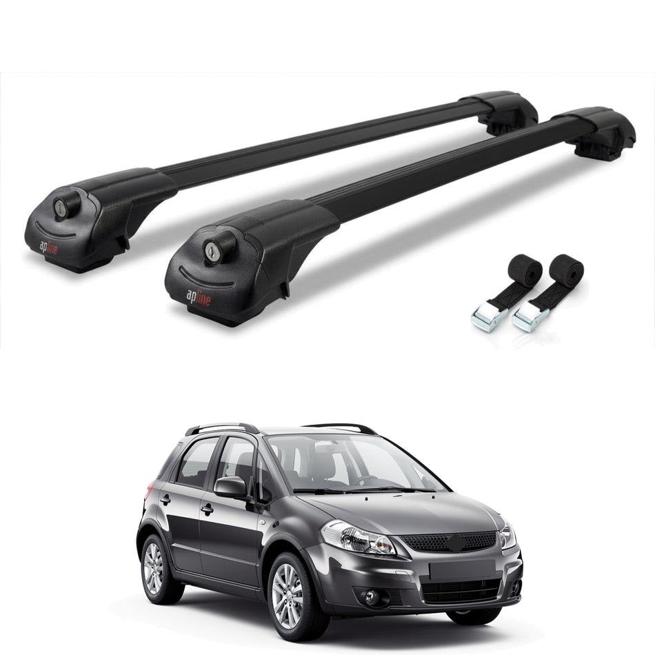 Roof Bars Compatible with Suzuki SX4 II (JY) 2006-2014, Black, 2 Bars with Straps