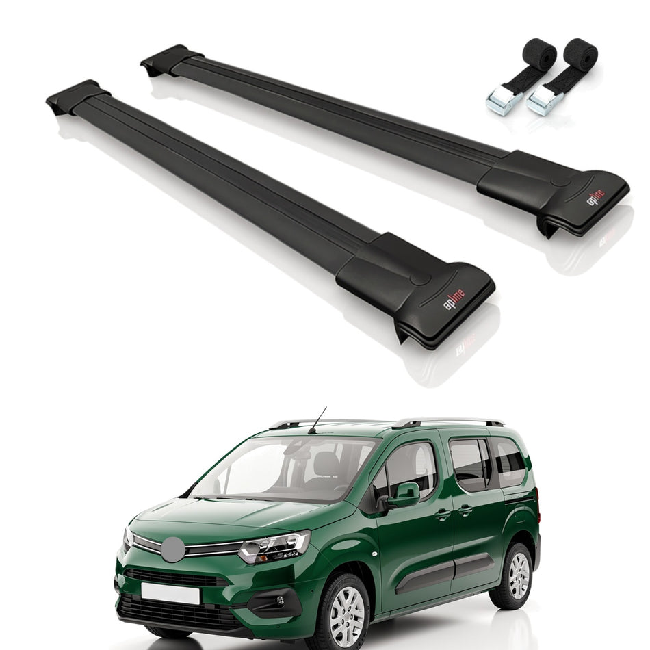 Roof Bars Compatible with Toyota Proace City 2019-2022, Black, 2 Bars with Straps