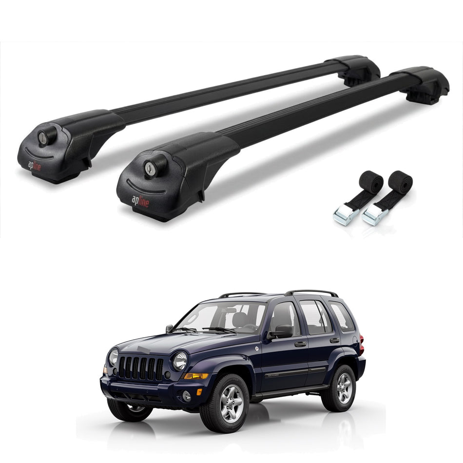 Roof Bars Compatible with Jeep Liberty 2002-2007, Black, 2 Bars with Straps