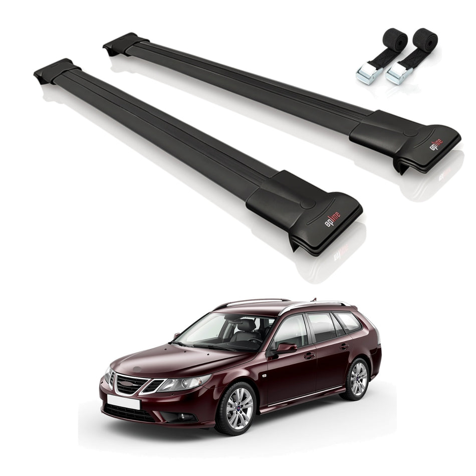 Roof Bars Compatible with Saab 9-3 II SW 2006-2012, Black, 2 Bars with Straps