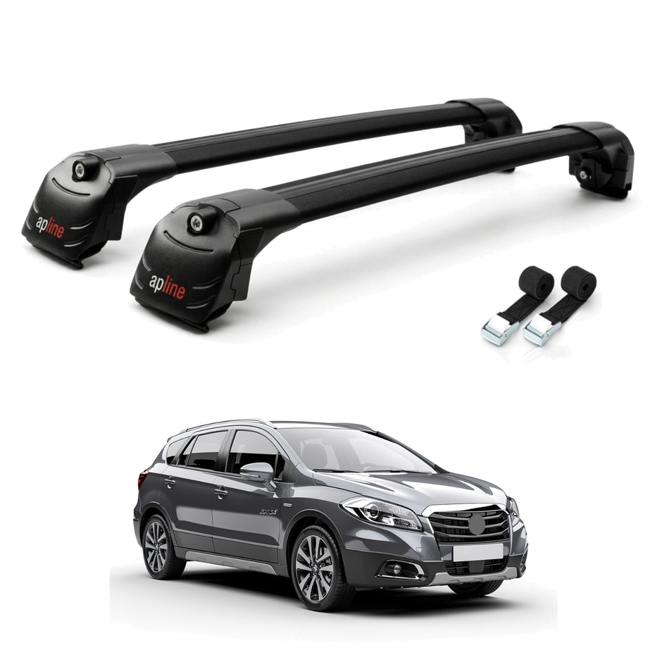 Roof Bars Compatible with Suzuki SX4 S-Cross 3 (JYB) 2013-2021, Black, 2 Bars with Straps
