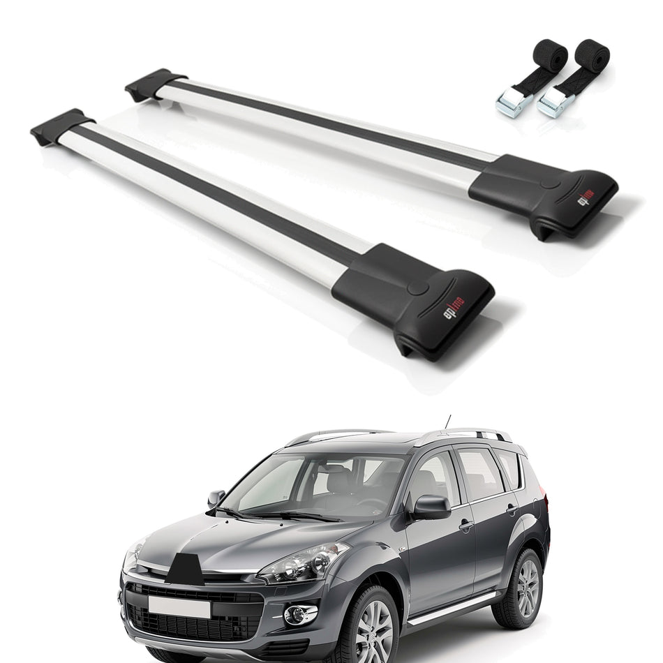 Roof Bars Compatible with Citroen C-Crosser 2007-2012, Grey, 2 Bars with Straps