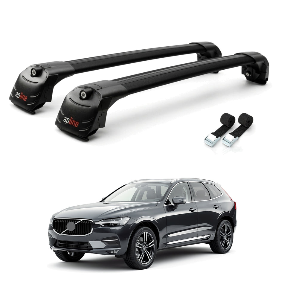 Roof Bars Compatible with Volvo XC60 II 2017-2025, Black, 2 Bars with Straps