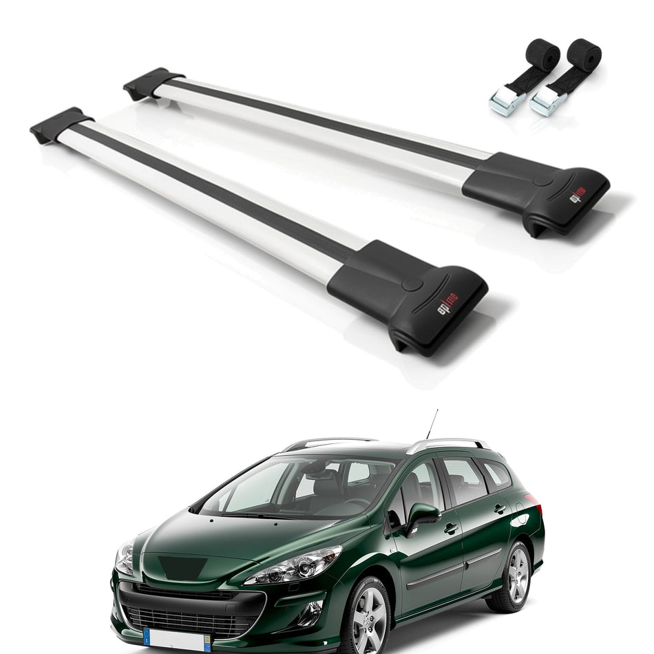 Roof Bars Compatible with Peugeot 308 (T7) SW 2008-2013, Grey, 2 Bars with Straps