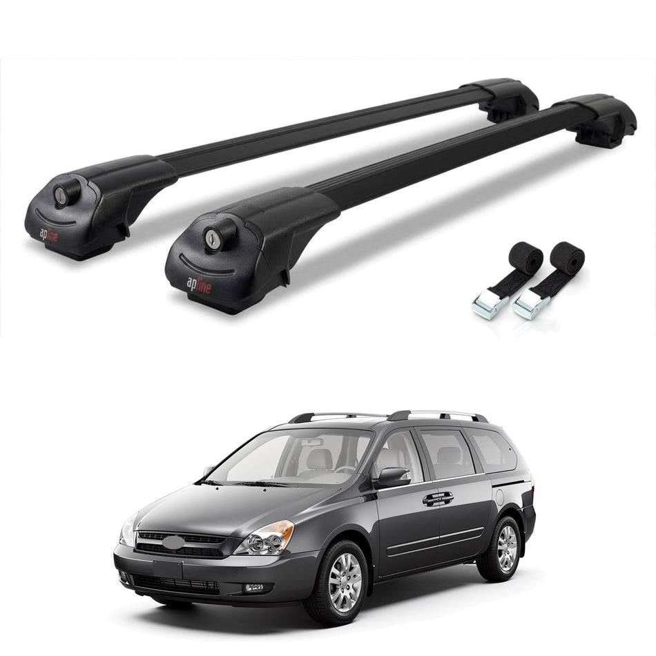 Roof Bars Compatible with Kia Grand Carnival 2 (VQ) 2006-2014, Black, 2 Bars with Straps