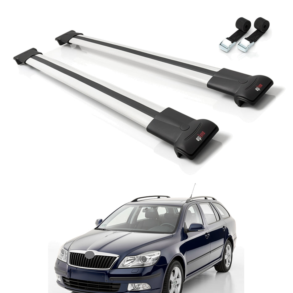 Roof Bars Compatible with Skoda Octavia 2 (1Z) 2004-2013, Grey, 2 Bars with Straps
