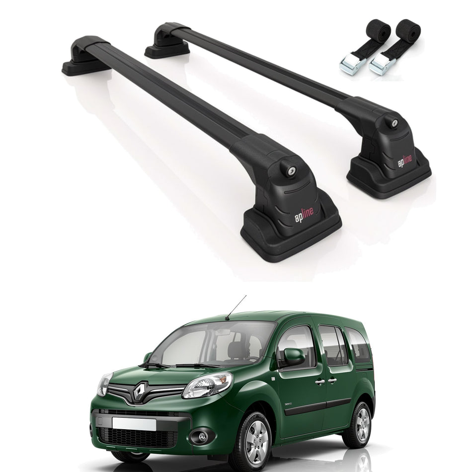 Roof Bars Compatible with Renault Kangoo 2 2007-2021, Black, 2 Bars with Straps