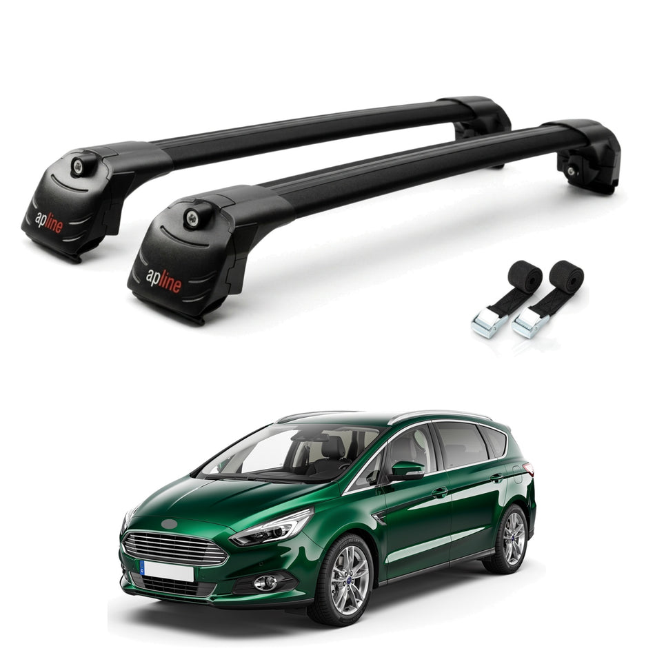 Roof Bars Compatible with Ford S-Max 2 (CD539) 2015-2024, Black, 2 Bars with Straps