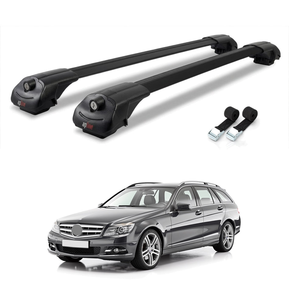 Roof Bars Compatible with Mercedes C Class 3 (S204) 2008-2014, Black, 2 Bars with Straps