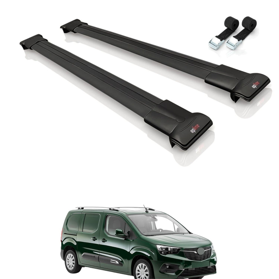 Roof Bars Compatible with Vauxhall Combo E Cargo 2019-2022, Black, 2 Bars with Straps