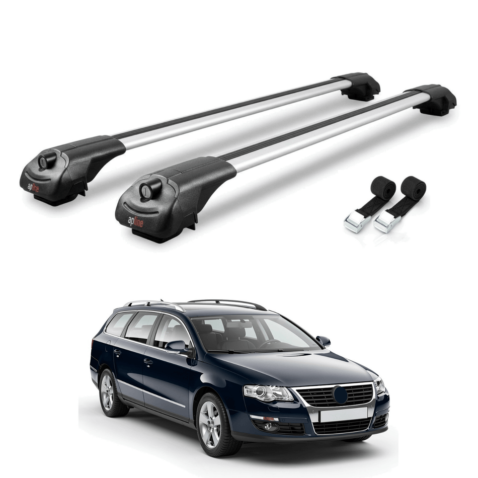Roof Bars Compatible with Volkswagen Passat B6 (3C) Variant 2005-2010, Grey, 2 Bars with Straps.