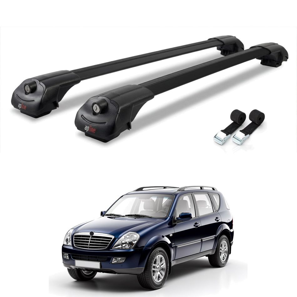 Roof Bars Compatible with Ssangyong Rexton (Y250) 2006-2012, Black, 2 Bars with Straps