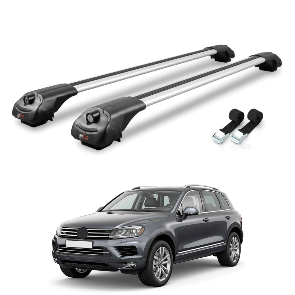 Roof Bars Compatible with Volkswagen Touareg 2 (7P) 2010-2015, Grey, 2 Bars with Straps.