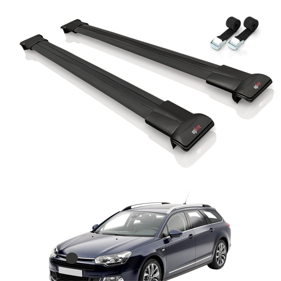 Roof Bars Compatible with Citroen C5 II Tourer 2008-2018, Black, 2 Bars with Straps