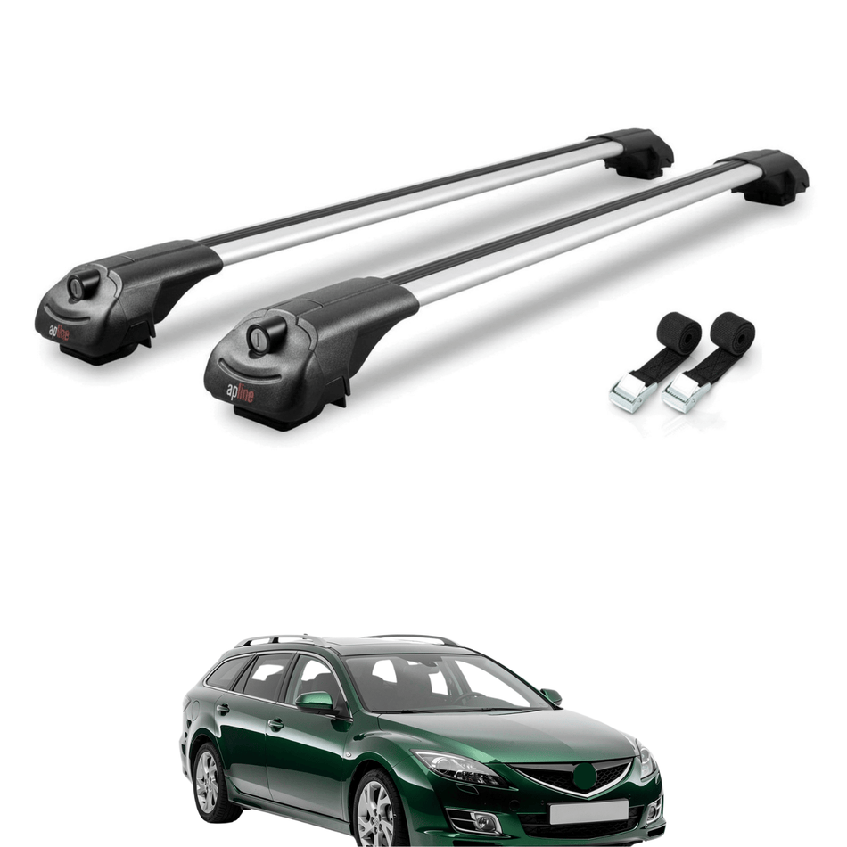 Roof Bars Compatible with Mazda 6 II (GZ) Wagon 2008-2012, Grey, 2 Bars with Straps.