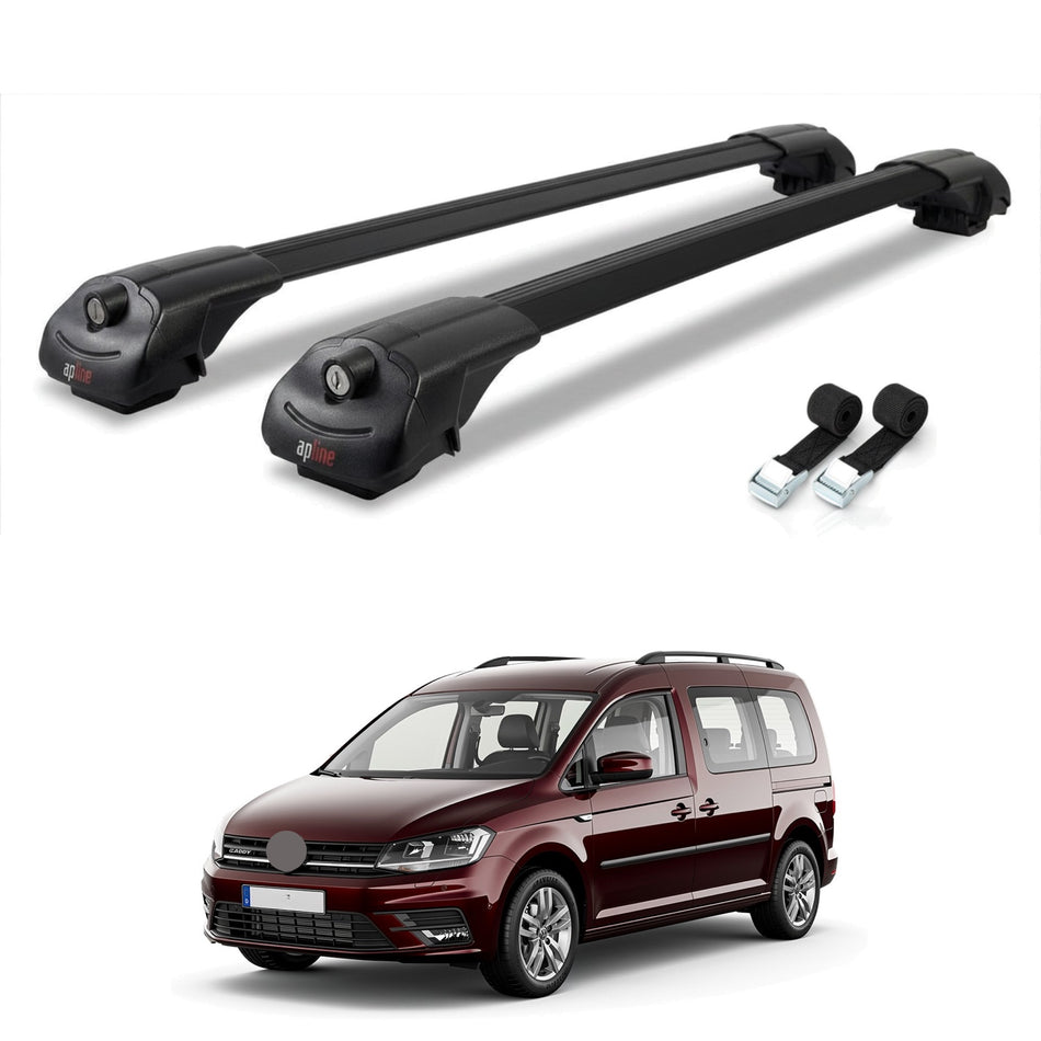 Roof Bars Compatible with Volkswagen Caddy 3 (SA) 2015-2019, Black, 2 Bars with Straps