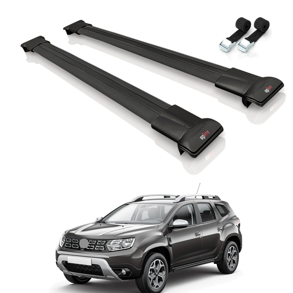 Roof Bars Compatible with Dacia Duster 2 (HM) 2018-2024, Black, 2 Bars with Straps