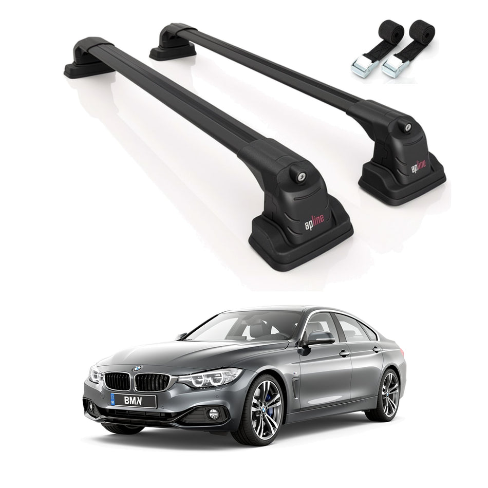 Roof Bars Compatible with BMW 4 Series Gran Coupe (F36) 2014-2020, Black, 2 Bars with Straps