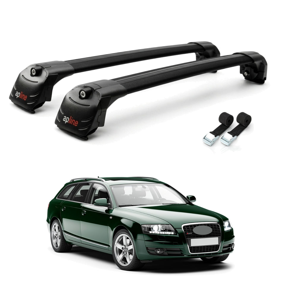 Roof Bars Compatible with Audi A6 (C6) Avant 2005-2011, Black, 2 Bars with Straps