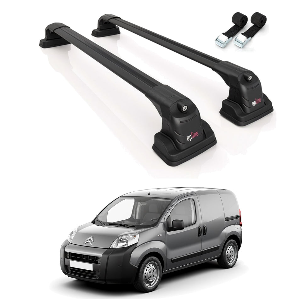 Roof Bars Compatible with Citroen Nemo 2008-2019, Black, 2 Bars with Straps