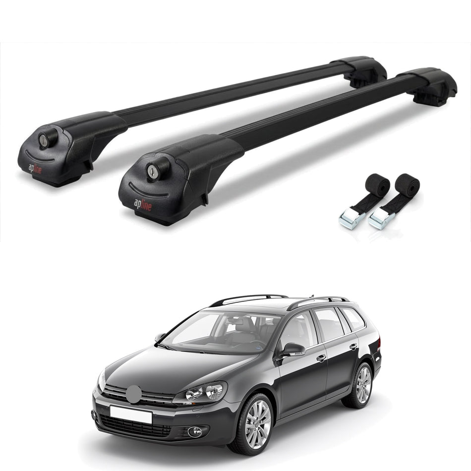 Roof Bars Compatible with VW Golf Mk6 Wagon 2010-2014, Black, 2 Bars with Straps