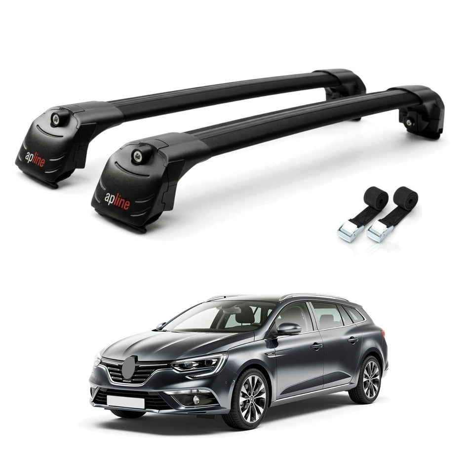 Roof Bars Compatible with Renault Megane 4 (KFB) Grandtour 2016-2023, Black, 2 Bars with Straps