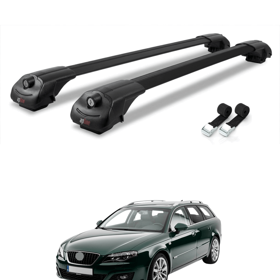Roof Bars Compatible with Seat Exeo (3R9) ST 2009-2013, Black, 2 Bars with Straps