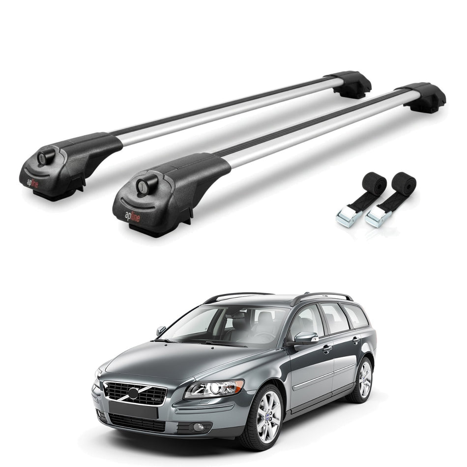 Roof Bars Compatible with Volvo V50 2004-2012, Grey, 2 Bars with Straps.
