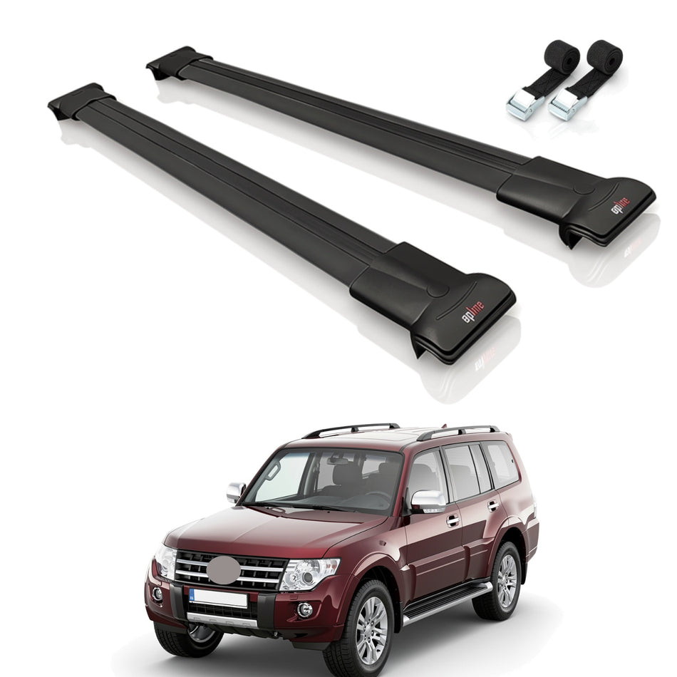 Roof Bars Compatible with Mitsubishi Pajero (V80) 2007-2022, Black, 2 Bars with Straps