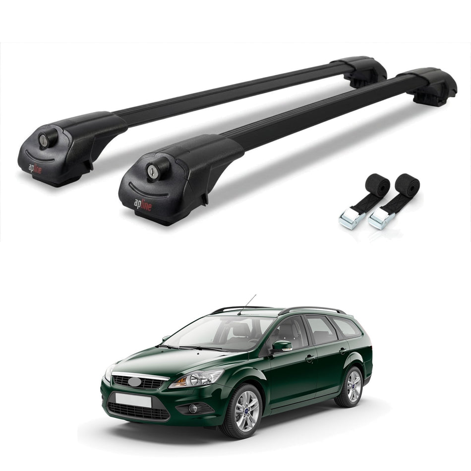 Roof Bars Compatible with Ford Focus 2 (C307) Turnier 2008-2010, Black, 2 Bars with Straps