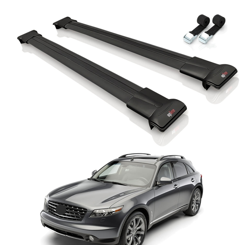 Roof Bars Compatible with Infiniti FX (S50) 2003-2008, Black, 2 Bars with Straps