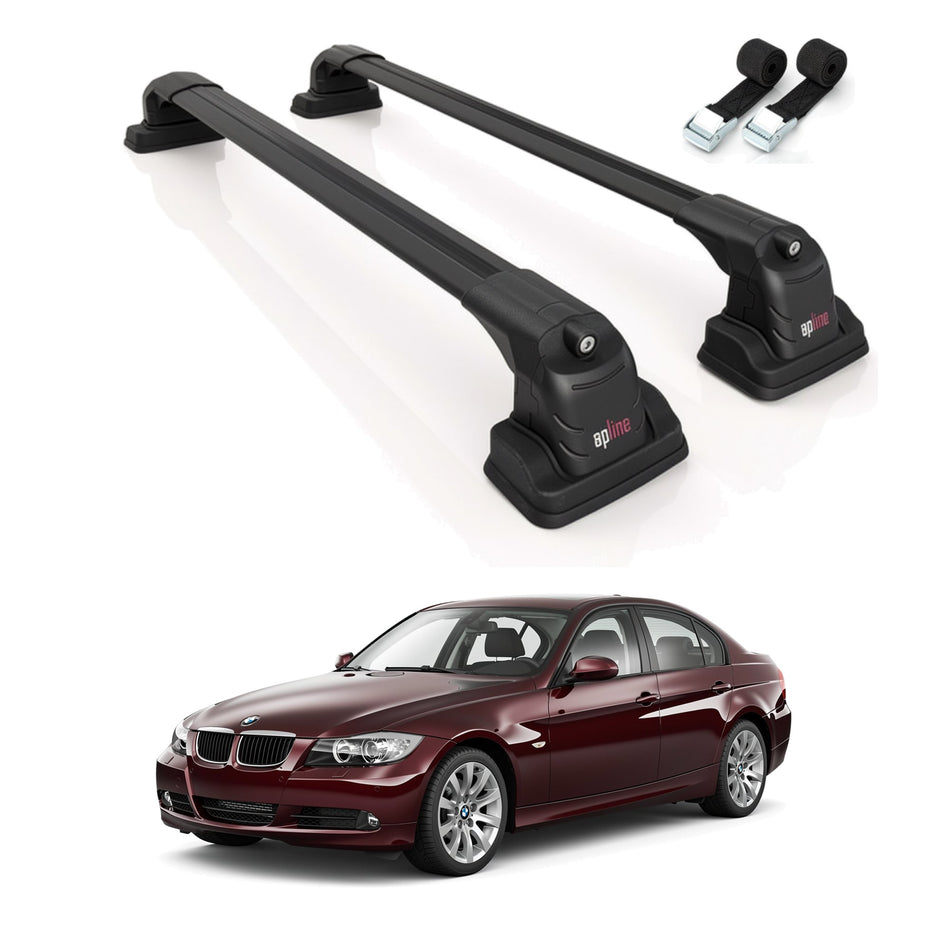 Roof Bars Compatible with BMW 3 Series (E90) 2006-2011, Black, 2 Bars with Straps