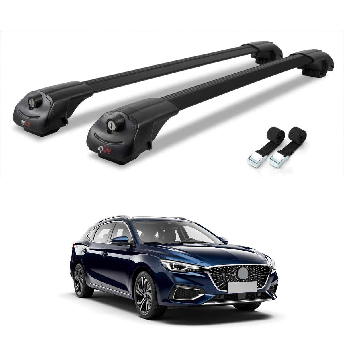 Roof Bars Compatible with MG 5 EV 2022-2025, Black, 2 Bars with Straps
