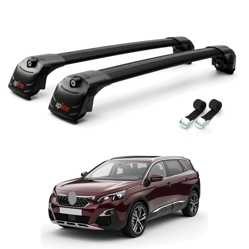Roof Bars Compatible with Peugeot 5008 2025-2026, Black, 2 Bars with Straps