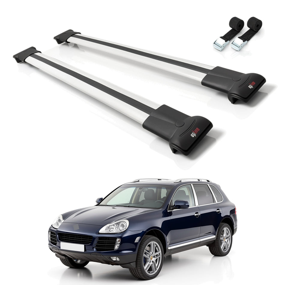 Roof Bars Compatible with Porsche Cayenne (9PA) 2003-2010, Grey, 2 Bars with Straps