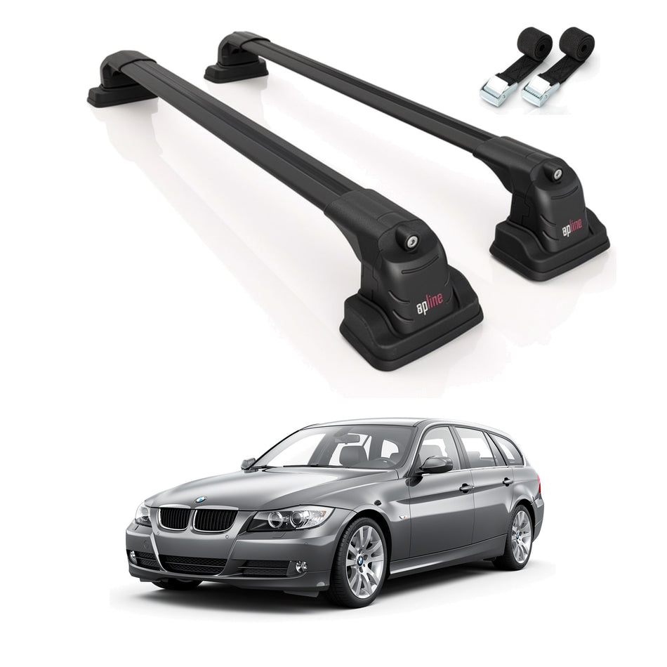 Roof Bars Compatible with BMW 3 Series Touring (E91) 2006-2012, Black, 2 Bars with Straps
