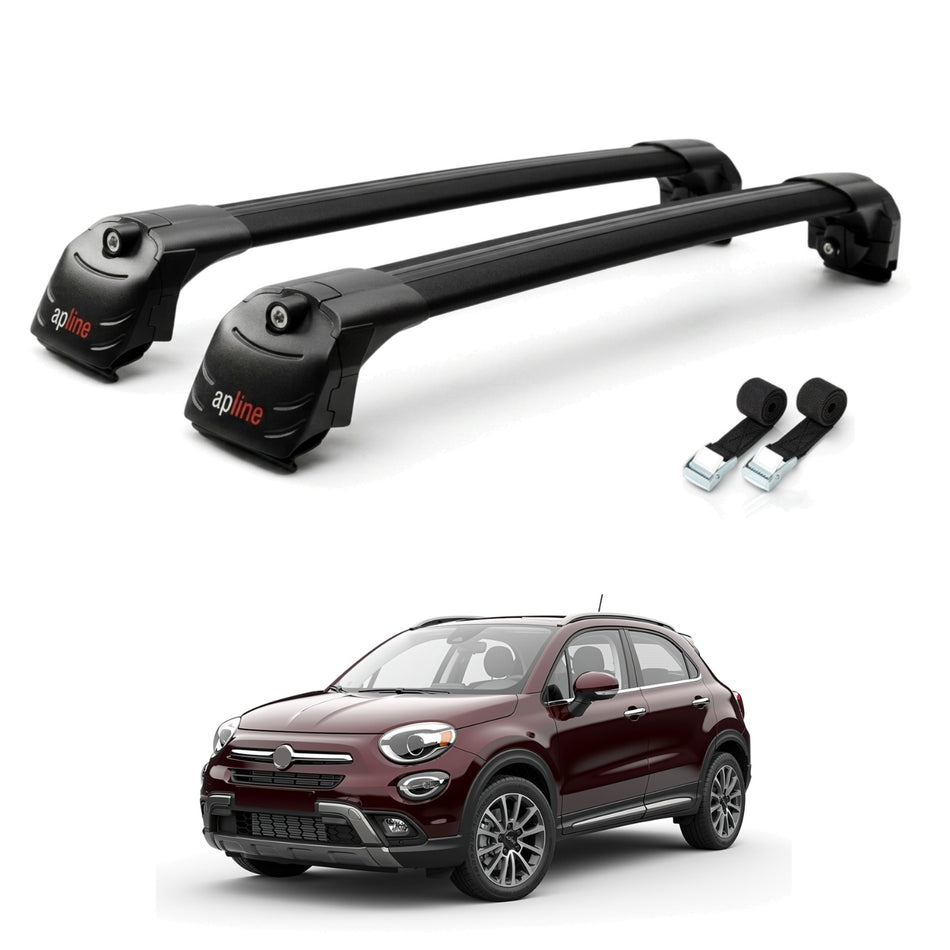 Roof Bars Compatible with Fiat 500X 2014-2025, Black, 2 Bars with Straps