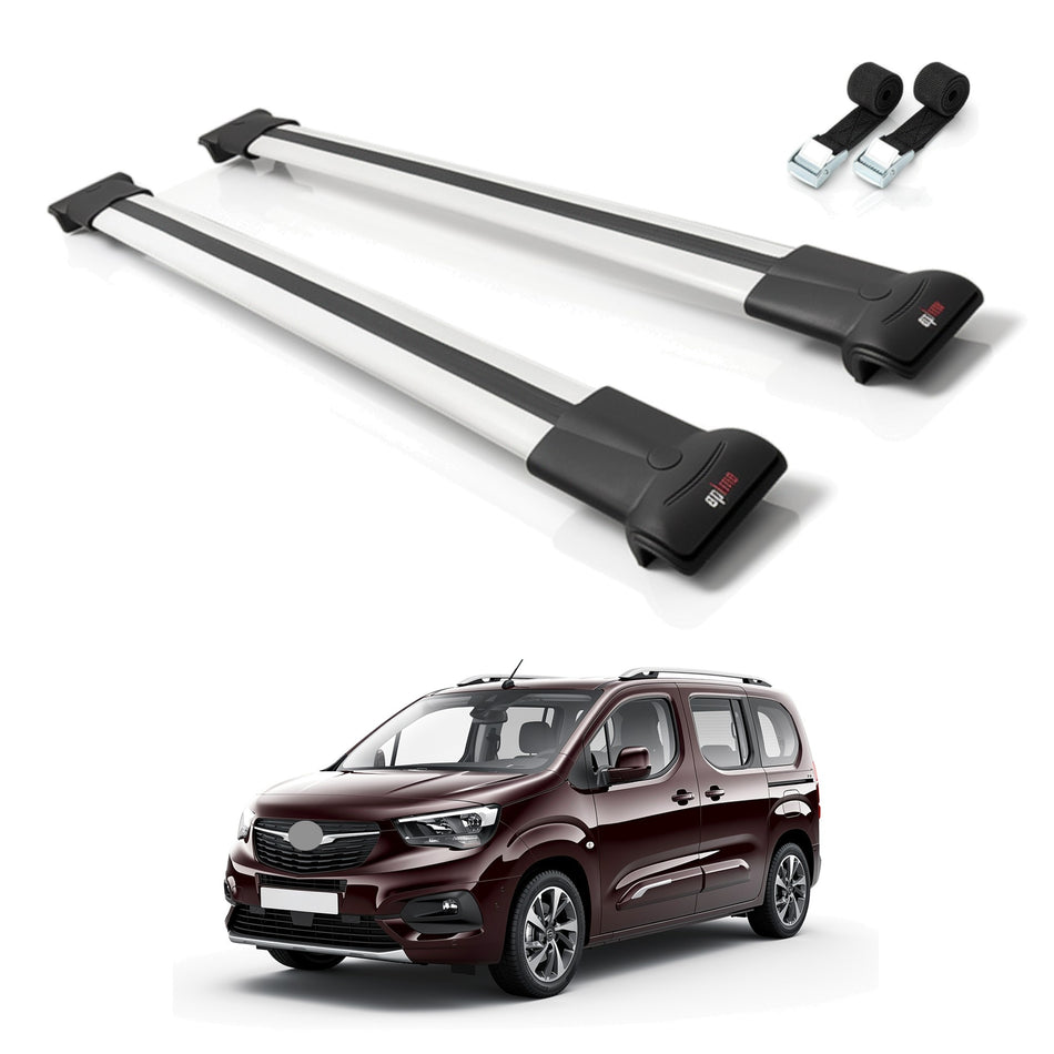 Roof Bars Compatible with Opel Combo E Life 2019-2022, Grey, 2 Bars with Straps