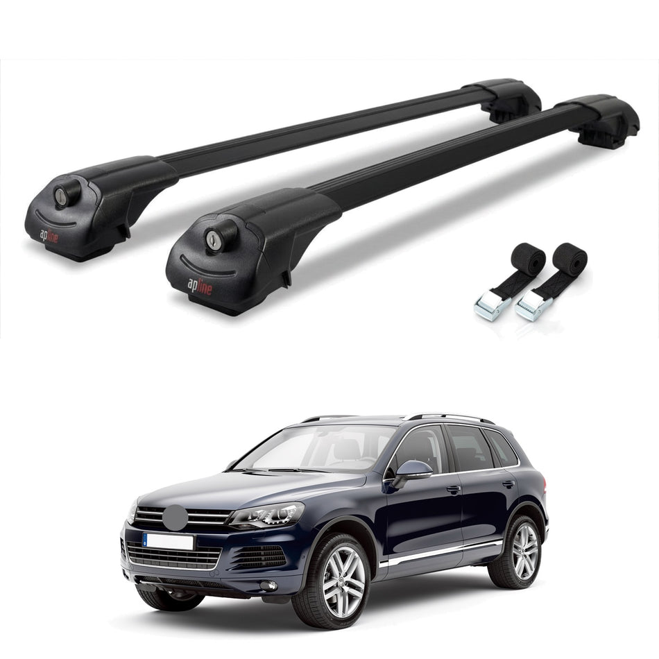 Roof Bars Compatible with Volkswagen Touareg 2 (7P) Pre-Facelift 2010-2015, Black, 2 Bars with Straps
