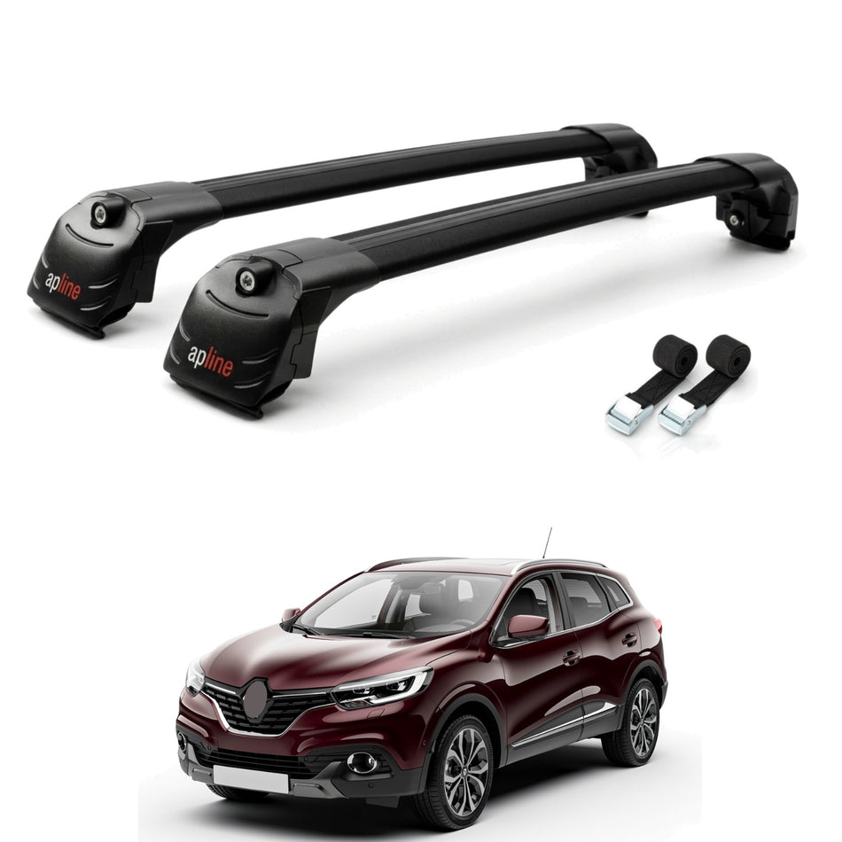 Roof Bars Compatible with Renault Kadjar 2015-2022, Black, 2 Bars with Straps
