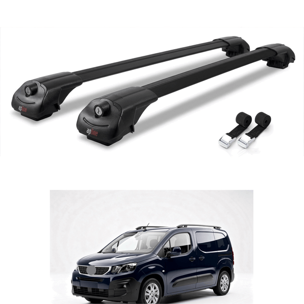 Roof Bars Compatible with Peugeot Partner 3 2019-2022, Black, 2 Bars with Straps