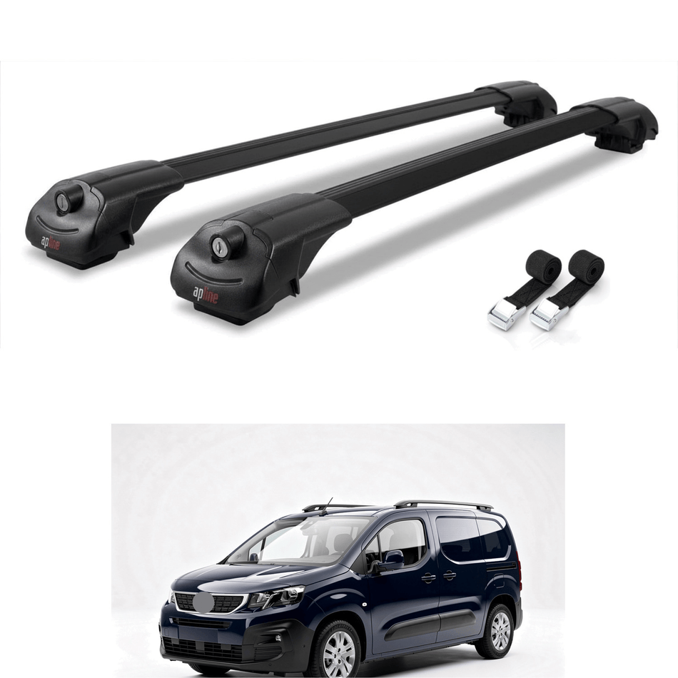Roof Bars Compatible with Peugeot Partner 3 2019-2022, Black, 2 Bars with Straps