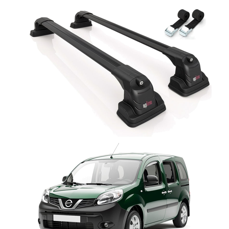 Roof Bars Compatible with Nissan NV250 2007-2021, Black, 2 Bars with Straps
