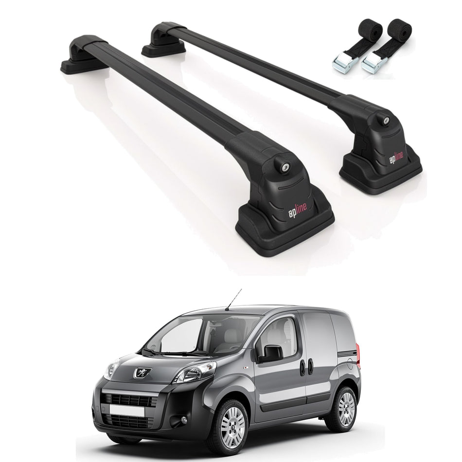 Roof Bars Compatible with Peugeot Bipper 2008-2018, Black, 2 Bars with Straps