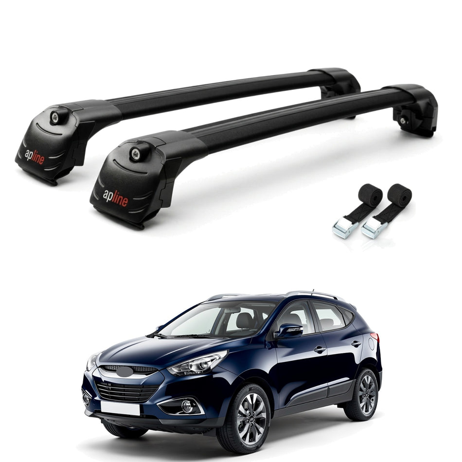 Roof Bars Compatible with Hyundai ix35 2 (LM) 2010-2015, Black, 2 Bars with Straps