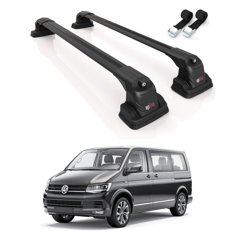 Roof Bars Compatible with Volkswagen Transporter (T6) 2016-2022, Black, 2 Bars with Straps