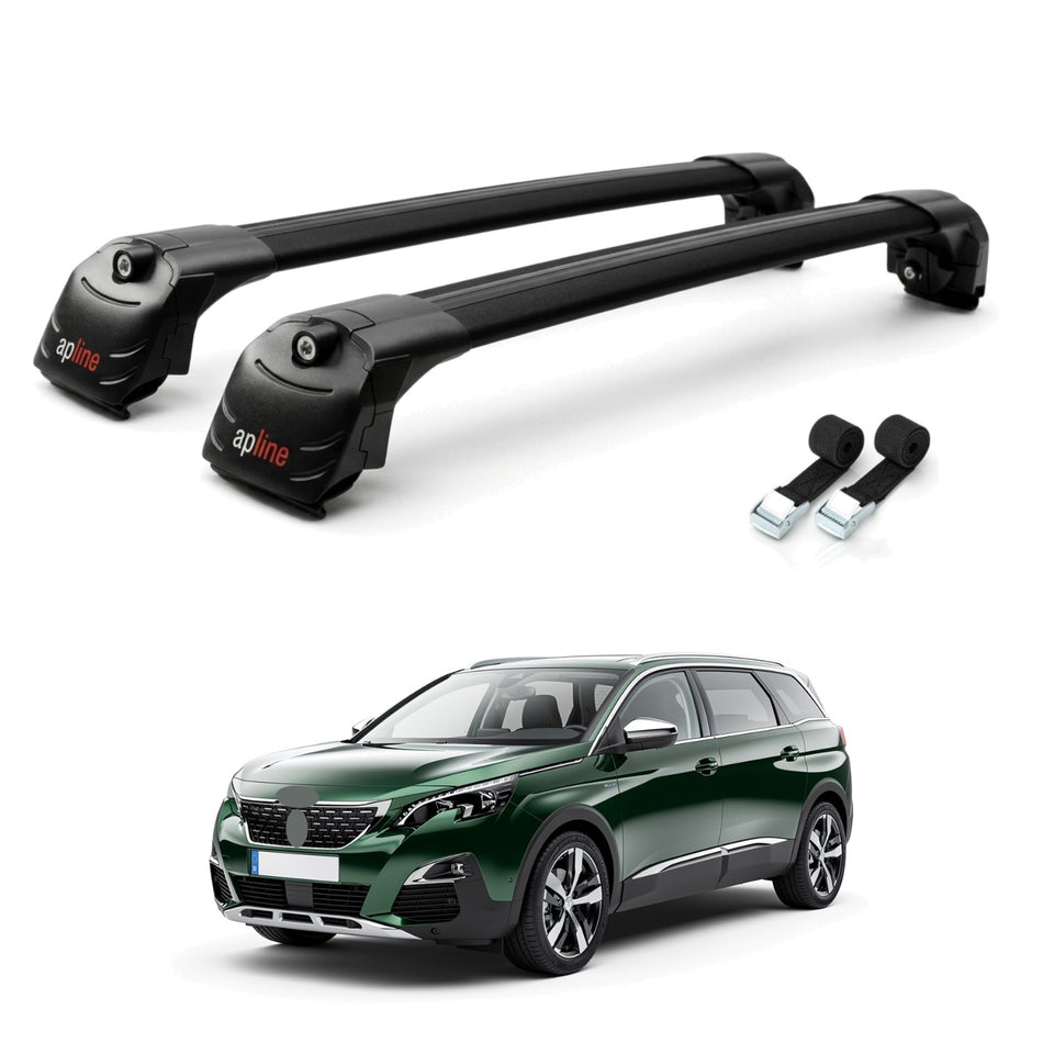 Roof Bars Compatible with Peugeot 5008 II (P87) 2017-2024, Black, 2 Bars with Straps