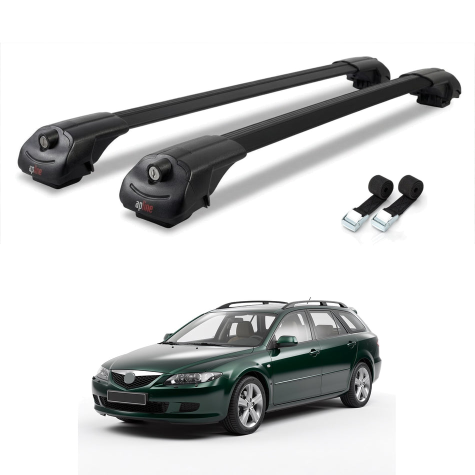 Roof Bars Compatible with Mazda 6 I (GG1) 2002-2007, Black, 2 Bars with Straps