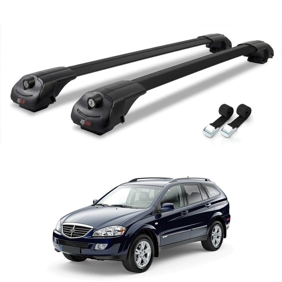 Roof Bars Compatible with Ssangyong Kyron 2005-2014, Black, 2 Bars with Straps